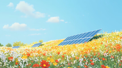 Renewable energy - a vibrant field of flowers surrounding solar panels under a clear blue sky. Solar Bloom. Illustration
