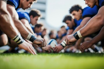 Young men engaged in an intense rugby match with a faded vibe showcasing teamwork and athleticism on a sunny day