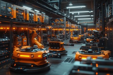Fototapeta premium Mass production of small robots in a bright yellow color