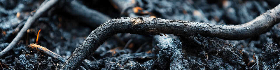 Charred Branches and Soil After Fire