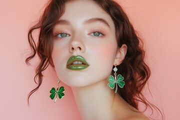 Young caucasian female with green lips and shamrock earrings on peach background