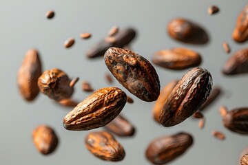 Fototapeta premium Flying cocoa beans in motion on gray background, macro food photography for chocolate production and confectionery advertising, natural ingredients concept.