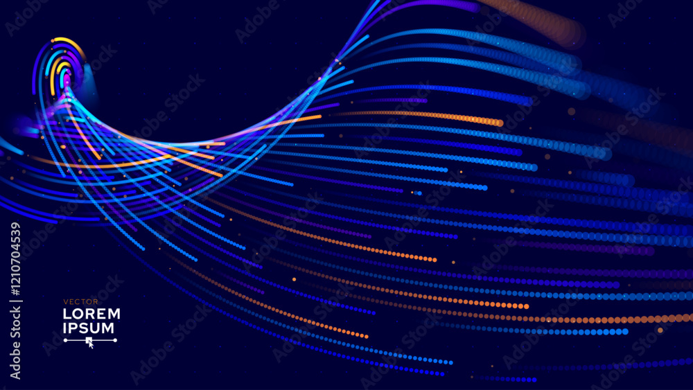 Poster High Speed Light Particles Internet Data Background. Digital Road Fast Speed Internet Broadband Data Flow Concept. Light Arc Turn Twist Bend Effect. Vector Illustration.