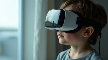 boy in virtual reality glasses standing in the room, space for design or text. concept of present and future, artificial intelligence