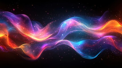 Fototapeta premium Abstract colorful waves with luminous particles on a dark background.
