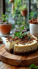 Homemade cheesecake with chocolate crust topped with crushed pecans and fresh mint leaves, served on wooden board. Perfect for food blogs and dessert menus.