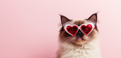 Fluffy cat with red heart-shaped glasses on a soft pink background, creating a playful and romantic vibe. Great for Valentine’s Day promotions, greeting cards, and pet-themed content