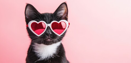 Black and white cat wearing red heart-shaped glasses against a pink background, exuding charm and fun. Perfect for Valentine&rsquo;s Day themes, pet marketing, and playful designs