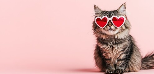 Adorable fluffy tabby cat wearing red heart-shaped glasses on a soft pink background, radiating charm and fun. Ideal for Valentine's Day campaigns, pet-themed promotions, and creative designs
