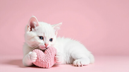 pink romantic background with highlights, cute white kitten with heart, love concept