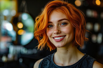 Fototapeta premium A woman with bright orange hair smiling at the camera