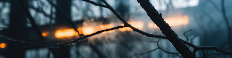 Close-up of Bare Branches with Blurred Building and Interior Lights