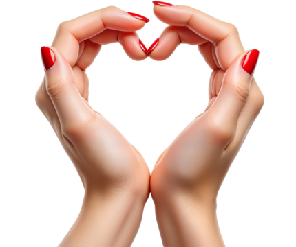 Elegant woman’s hands with red manicure forming a heart shape, symbolizing love and care, isolated on a transparent or white background 
