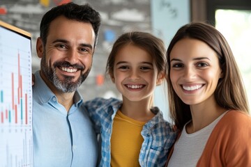 Fototapeta premium A happy family stands together, smiling widely beside a large chart depicting their financial growth. The setting is warm with bright colors, reflecting their success and joy
