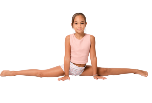 Child girl gymnast demonstrates flexibility twine sitting isolated over transparent background. PNG transparent. - Powered by Adobe