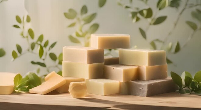 A neat array of eco friendly sulfate free soap bars and body washes placed on a wooden tray surrounded by fresh leaves and soft lighting to symbolize safety 4K