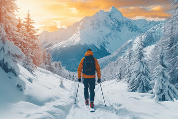 Exploring a snowy mountain trail during sunset in a serene winter landscape