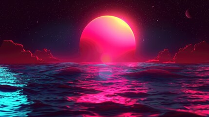 Vibrant Retro Sunset over Ocean Synthwave Seascape with Pink Sun and Stars