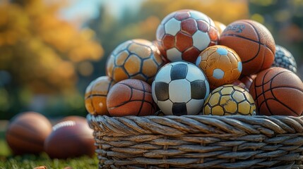 A basket filled with balls placed on a vibrant green grassy area, perfect for sports or outdoor activities