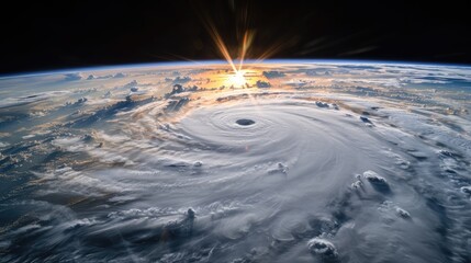 Dramatic Aerial View of Hurricane Eye Sunrise Over Earth Cyclone Weather Satellite Image