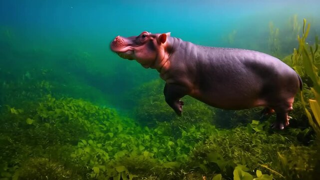 Hippo Exploring Underwater Vegetation in a Serene River Environment Near Lush Banks