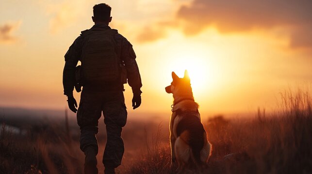 Soldier and dog walking at sunset