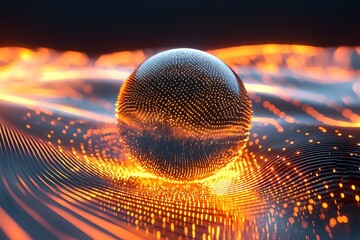3D glowing sphere rotating emitting particles that create waves in the technological environment