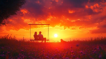 Couple enjoying sunset on swing with dog in the field. Generative AI