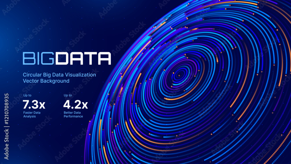 Poster Abstract Digital Technology. Circles Data Flow. Futuristic Circular Sound Wave. Big Data Visualization. 3D Virtual Space VR Cyberspace. Crypto Currency Blockchain Concept. Vector Illustration.