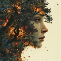 Woman s Face Nature Double Exposure Mystical Forest Autumn Leaves Magical Tree