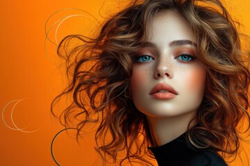 Fototapeta premium Vibrant portrait of a model with curly hair against a bright orange background