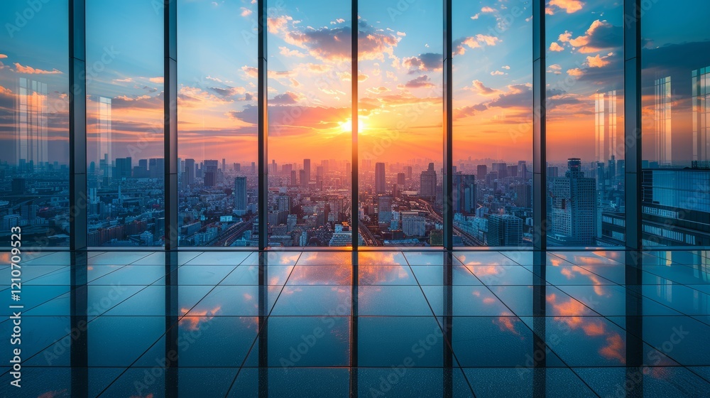 Wall mural dawn lighting captured from a bird's eye perspective in a horizontal composition featuring a clear f