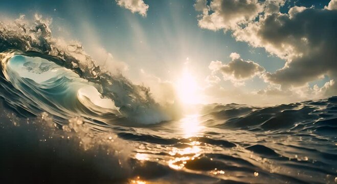A dramatic high contrast capturing the intense power of a rip current from an underwater perspective with strong sunlight piercing through the surface illuminating the turbulent water 4K