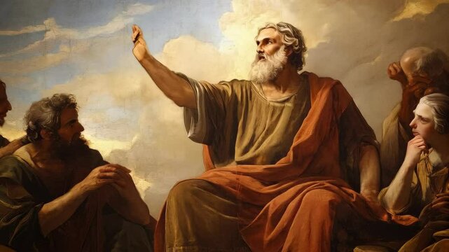 Dramatic renaissance figures engage in animated discussion under majestic skies