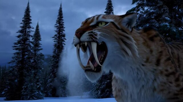 Saber-toothed Cat Prowling Through a Snowy Forest Landscape at Twilight