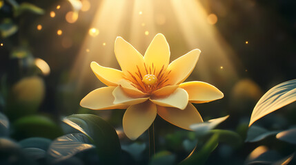 Fototapeta premium A tight shot of a sunlit yellow bloom against a backdrop of solar rays filtering through leafy surroundings, with petals and foliage in sharp focus. Solar Bloom. Illustration
