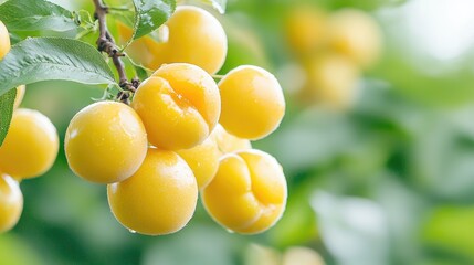 Ripe yellow plums on branch, orchard background, fresh fruit harvest, healthy food