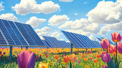 Anime rows of solar panels standing tall in a vibrant tulip field, the flowers in full bloom. Solar Bloom. Illustration