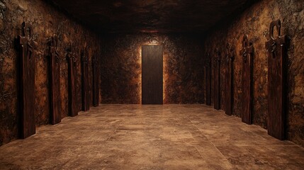 Obraz premium Mysterious stone corridor, dark door, ancient crosses, eerie background, horror game asset