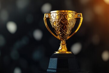 A gold trophy sits atop a black table, perfect for awards ceremonies or achievement displays