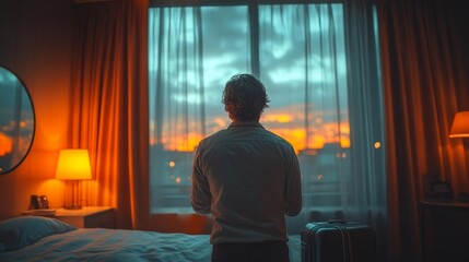 Man in hotel room looking out the window at sunset. Generative AI
