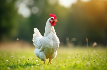 Fototapeta premium White hen stands in green meadow. Sunny day in countryside. Free range bird, domestic fowl. Natural setting, organic farming. Happy healthy chicken. Farm animal in natural habitat. Rural scene.