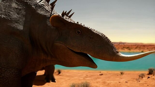 Two Prehistoric Creatures Approach a Water Source in a Desert Landscape During the Early Evening