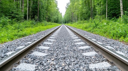 Fototapeta premium Train tracks vanishing into a lush green forest, travel and transport imagery