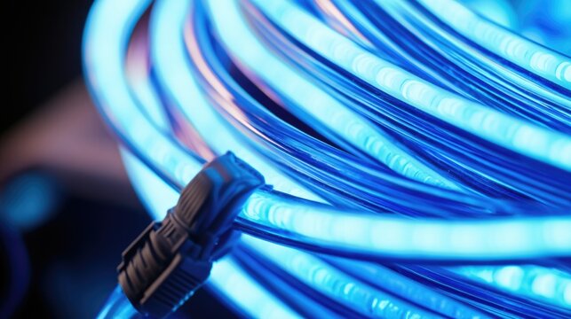 Close-up shot of a cable with bright blue lights, suitable for technology and electronics related concepts