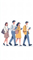 Obraz premium Students walking forward, looking at digital devices, showcasing teamwork, learning, and the modern education experience.