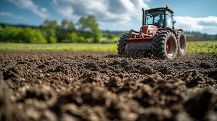 A tractor is ploughing a field, leaving behind a trail of dirt