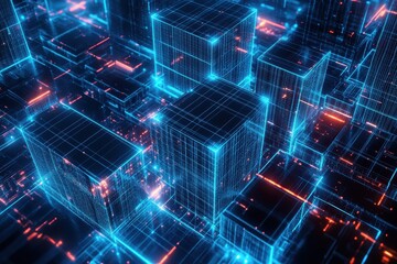 Obraz premium A digital grid structure of multiple glowing blocks that rise above the grid lines