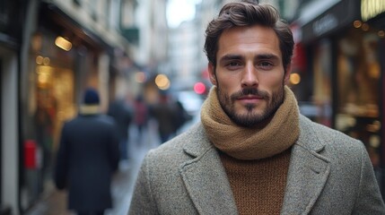 Fototapeta premium A man standing in a busy street with a scarf and coat reflecting hidden emotions. Generative AI