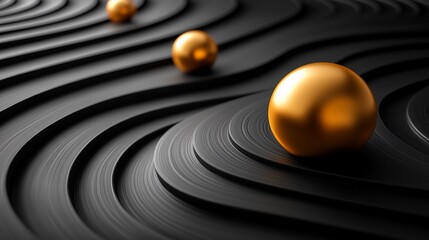 Golden spheres on a dark wavy surface.